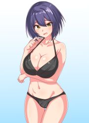 Rule 34 | 1girl, bare shoulders, bikini, black bikini, breast rest, breasts, cinderella series, cleavage, confused, garukichi, hachigatsu no cinderella nine, highres, large breasts, looking to the side, navel, open mouth, purple hair, shiny skin, short hair, simple background, solo, swimsuit, thigh gap, yellow eyes