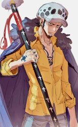 Rule 34 | 1boy, black hair, cape, chest tattoo, closed mouth, denim, earrings, facial hair, fujiechannnnnnn, fur cape, goatee, hand tattoo, hat, highres, holding, holding sword, holding weapon, jeans, jewelry, looking at viewer, male focus, one piece, pants, sheath, shirt, short hair, solo, sword, tattoo, trafalgar law, weapon, white hat, yellow shirt
