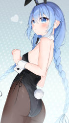 Rule 34 | 1girl, :o, animal ears, ass, bare shoulders, black bow, black bowtie, black hairband, black leotard, blue eyes, blue hair, blush, bow, bowtie, braid, brown pantyhose, collar, detached collar, fake animal ears, from side, hair between eyes, hairband, heart, highres, hijouguti, leotard, long hair, looking away, looking to the side, low twintails, mushoku tensei, pantyhose, parted lips, playboy bunny, polka dot, polka dot background, rabbit ears, rabbit tail, roxy migurdia, solo, tail, twin braids, twintails, very long hair, white collar, wrist cuffs