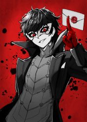 Rule 34 | 1boy, :d, amamiya ren, arm behind back, arm up, between fingers, black coat, black hair, blood, blood splatter, coat, colored skin, commentary request, envelope, gloves, grin, highres, holding, holding envelope, kuroi susumu, logo, long sleeves, looking at viewer, male focus, mask, nintendo, open clothes, open coat, open mouth, persona, persona 5, red background, red eyes, red gloves, smash invitation, smile, solo, super smash bros., teeth, upper body, wax seal, white skin