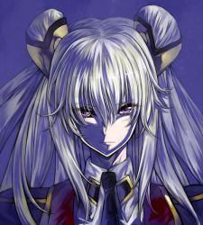 Rule 34 | 1girl, black necktie, blonde hair, closed mouth, code geass, code geass: boukoku no akito, dannrei3636, expressionless, hair ornament, leila malcal, long hair, looking at viewer, necktie, portrait, purple eyes, solo, two side up