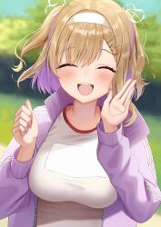 Rule 34 | 0707 una, 1girl, absurdres, alternate costume, blonde hair, blurry, blurry background, blush, breasts, cheering, clenched hand, closed eyes, colored inner hair, commentary, facing viewer, fingernails, gym shirt, hair ornament, hairband, hairpin, highres, jacket, kurumi noah, large breasts, multicolored hair, nail polish, open clothes, open jacket, open mouth, purple hair, purple jacket, purple nails, shirt, short hair, smile, solo, teeth, track jacket, two side up, upper body, upper teeth only, virtual youtuber, vspo!, white hairband, white shirt
