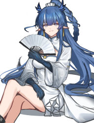 Rule 34 | 1girl, absurdres, arknights, bare legs, blue eyes, blue hair, braid, commentary, dress, feet out of frame, folding fan, hand fan, highres, holding, holding fan, horns, ling (arknights), long hair, long sleeves, looking at viewer, mabing, official alternate costume, pointy ears, simple background, sitting, smile, solo, very long hair, white background, white dress, wide sleeves