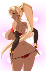 Rule 34 | 1girl, absurdres, akuron (acllon), ass, bare shoulders, blonde hair, bracelet, breasts, butt crack, circlet, dark-skinned female, dark skin, heart, highres, jewelry, large breasts, long hair, looking at viewer, panties, pink background, ponytail, red panties, sasha (sennen sensou aigis), sennen sensou aigis, simple background, smile, solo, standing, tan, underwear, undressing, very long hair, yellow eyes