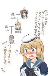 Rule 34 | &gt;:o, 2girls, :o, ahoge, blonde hair, blue eyes, blush, brown hair, commentary request, enjaku izuku, family tree, gloves, hat, highres, jervis (kancolle), kantai collection, kongou (kancolle), long hair, multiple girls, nose blush, sailor collar, simple background, translation request, upper body, v-shaped eyebrows, wavy mouth, white background, white gloves