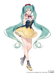 Rule 34 | 1girl, apple, aqua eyes, aqua hair, arm behind back, artist name, bare shoulders, blue corset, clothing cutout, commentary, corset, cosplay, crypton future media, food, fruit, full body, gold trim, hair ribbon, hatsune miku, high heels, highres, long hair, looking at viewer, official art, red ribbon, ribbon, shirt, shoulder cutout, skirt, snow white, snow white (disney), snow white (disney) (cosplay), solo, standing, tokki, twintails, very long hair, vocaloid, white background, white shirt, yellow footwear, yellow skirt