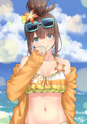 Rule 34 | 1girl, bare shoulders, bikini, blue-framed eyewear, blue eyes, blue sky, brown hair, closed mouth, cloud, cloudy sky, commentary request, day, eyewear on head, flower, glasses, hair between eyes, hair bun, hair flower, hair ornament, halterneck, hand up, head tilt, highres, jacket, long sleeves, looking at viewer, miko fly, navel, off shoulder, open clothes, open jacket, orange flower, orange jacket, original, outdoors, sidelocks, signature, single hair bun, sky, sleeves past wrists, smile, solo, swimsuit, upper body