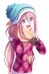 Rule 34 | 1girl, absurdres, blue eyes, blue headwear, checkered clothes, checkered jacket, commentary request, cowboy shot, eyes visible through hair, fingerless gloves, from side, gloves, hair tie, head tilt, highres, jacket, kagamihara nadeshiko, light, light blush, long hair, looking at viewer, multicolored clothes, multicolored headwear, n2midori, open mouth, orange scarf, own hands together, pink hair, pink jacket, pink skirt, pleated skirt, pom pom (clothes), scarf, simple background, skirt, smile, solo, striped clothes, striped headwear, twintails, white background, woollen cap, yurucamp, zipper