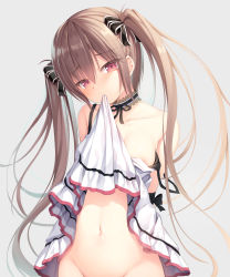 Rule 34 | 1girl, absurdres, bare shoulders, blush, bow, breasts, brown hair, choker, clothes lift, dress, dress lift, groin, hair between eyes, hair bow, head tilt, highres, lifted by self, looking at viewer, medium breasts, mouth hold, navel, no bra, original, red eyes, shinigami (tukiyomiikuto), side slit, sidelocks, simple background, sleeveless, solo, standing, twintails, white dress