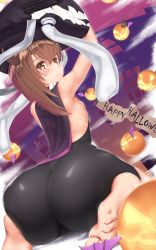 Rule 34 | 1girl, alternate costume, ass, ass focus, blush, breasts, brown eyes, brown hair, cosplay, curvy, etsunami kumita, flat chest, gradient background, halloween, happy halloween, highres, huge ass, kantai collection, looking at viewer, pumpkin, short hair, sitting, solo, taihou (kancolle), thick thighs, thighs, wariza, wide hips, wo-class aircraft carrier, wo-class aircraft carrier (cosplay)