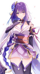 Rule 34 | 1girl, blush, braid, breasts, bridal gauntlets, cowboy shot, genshin impact, hair ornament, highres, japanese clothes, kimono, kinona, large breasts, long hair, looking at viewer, nail polish, off shoulder, parted lips, purple eyes, purple hair, purple kimono, purple nails, purple thighhighs, raiden shogun, simple background, solo, thighhighs, thighs, vision (genshin impact), white background