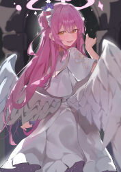 Rule 34 | 1girl, absurdres, angel wings, bad id, bad pixiv id, blue archive, blush, capelet, dress, feathered wings, flower, from behind, hair bun, hair flower, hair ornament, halo, highres, long hair, looking at viewer, looking back, mika (blue archive), nagiushi, open mouth, pink hair, pink halo, purple flower, single side bun, smile, solo, white capelet, white dress, white wings, wings, yellow eyes