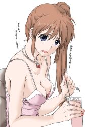 Rule 34 | 1girl, alternate costume, bare arms, bare shoulders, blue eyes, breasts, cleavage, collarbone, cup, drink, elf (stroll in the woods), female focus, highres, ice, ice cube, jewelry, long hair, looking at viewer, lyrical nanoha, mahou shoujo lyrical nanoha strikers, medium breasts, nail polish, neck, necklace, open mouth, pink nails, raising heart, side ponytail, sideboob, sitting, smile, solo, strap gap, takamachi nanoha, tank top, translation request, upper body, white background