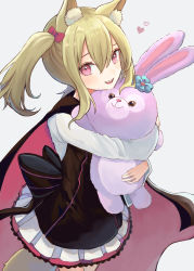 Rule 34 | 1girl, 99noe honoka, :d, absurdres, animal ear fluff, animal ears, arknights, black cape, black dress, blonde hair, cape, commentary request, dress, eyebrows hidden by hair, grey background, hair between eyes, heart, highres, long sleeves, looking at viewer, hugging object, open mouth, pleated skirt, red eyes, shirt, simple background, skirt, sleeveless, sleeveless dress, smile, solo, sora (arknights), stuffed animal, stuffed rabbit, stuffed toy, tail, teeth, twintails, upper teeth only, white shirt, white skirt