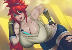 Rule 34 | 1girl, absurdres, blue eyes, blush, breasts, cleavage, curvy, female focus, fingerless gloves, gloves, hi-fi rush, highres, huge breasts, korsica (hi-fi rush), long hair, looking at viewer, palemaster arts, red hair, scar, solo, thighhighs, torn clothes
