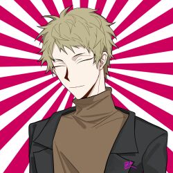 Rule 34 | 1boy, atou haruki, beiquqian, black jacket, blonde hair, brown sweater, chinese commentary, closed eyes, closed mouth, commentary request, highres, jacket, male focus, open clothes, open jacket, portrait, saibou shinkyoku, short hair, smile, solo, sunburst, sunburst background, sweater, turtleneck, turtleneck sweater