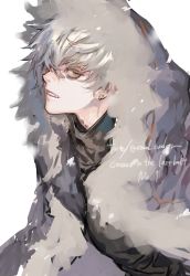Rule 34 | 1boy, absurdres, araya (hachino araya), copyright name, earrings, fang, fate/grand order, fate (series), fur trim, highres, jacket, jewelry, kadoc zemlupus, looking at viewer, male focus, neck piercing, pale skin, simple background, solo, upper body, white background, white hair, yellow eyes