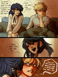 Rule 34 | ..., 1boy, 1girl, adrien agreste, blonde hair, blue hair, blush, cat, ceejles, clenched teeth, english text, frown, full-face blush, green eyes, highres, marinette dupain-cheng, miraculous ladybug, motion lines, open mouth, signature, sitting, skirt, smile, spoken ellipsis, teasing, teeth, zzz