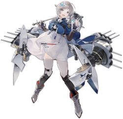 Rule 34 | 1girl, ahoge, armor, azur lane, black gloves, blue jacket, blush, boots, breasts, cannon, clothes writing, dress, fish hair ornament, full body, gloves, grey dress, grey eyes, grey footwear, grey hair, grey thighhighs, hair ornament, hand up, holding, jacket, large breasts, long hair, nail polish, nineo, official art, open mouth, partially fingerless gloves, rigging, seattle (azur lane), shin guards, shrug (clothing), sidelocks, skindentation, smile, solo, standing, swept bangs, thighhighs, transparent background, turret, turtleneck, white nails, wind, wind lift, wrist cuffs