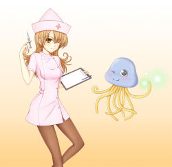 Rule 34 | 1girl, alena (dq4), alternate costume, ark-royal, black eyes, blush, breasts, brown pantyhose, buttons, chunsoft, clipboard, cross, dragon quest, dragon quest iv, dress, earrings, enix, flying, glowing, gradient background, hair between eyes, hat, healslime, holding, jewelry, light smile, long hair, looking at viewer, magic, narrow waist, nurse, one eye closed, orange background, orange eyes, orange hair, pantyhose, parted bangs, pen, red cross, red hair, short dress, slime, small breasts, smile, solo, standing, syringe, tentacles, wink, yellow eyes
