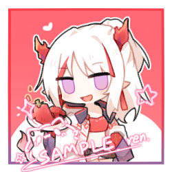 Rule 34 | 1girl, :d, arknights, arm tattoo, artist name, bandeau, border, chibi, chili pepper, colored skin, cowboy shot, dragon girl, dragon horns, dragon tail, earrings, flame-tipped tail, hand on own hip, heart, holding, holding plate, horns, jacket, jewelry, long sleeves, looking at viewer, midriff, multicolored hair, nian (arknights), open clothes, open jacket, open mouth, plate, pointy ears, ponytail, purple eyes, red background, red bandeau, red skin, renren, sample watermark, shorts, simple background, smile, solo, sparkle, star (symbol), streaked hair, tail, tassel, tassel earrings, tattoo, watermark, white border, white hair, white jacket, white shorts, wide sleeves