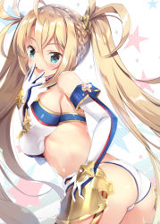 Rule 34 | 1girl, :d, ass, bad id, bad pixiv id, bare shoulders, blonde hair, blush, bradamante (fate), bradamante (third ascension) (fate), braid, breasts, commentary request, crown braid, elbow gloves, fate/grand order, fate (series), gloves, green eyes, hair between eyes, hair ornament, hand to own mouth, hand up, large breasts, long hair, maruchan., navel, open mouth, panties, round teeth, sideboob, sidelocks, smile, solo, star (symbol), teeth, twintails, twisted torso, underwear, upper teeth only, very long hair, white gloves, white panties