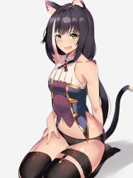 Rule 34 | 1girl, akire (akireru shoujo), animal ear fluff, animal ears, bare shoulders, black hair, blush, breasts, bridal garter, cat ears, cat girl, cat tail, fang, green eyes, highres, karyl (princess connect!), lap pillow invitation, long hair, looking at viewer, low twintails, multicolored hair, open mouth, princess connect!, seiza, sitting, solo, streaked hair, sweat, tail, thighhighs, thighs, twintails, very long hair, white hair
