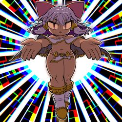 Rule 34 | 1girl, brown hair, chromatic aberration, commentary request, cookie (touhou), full body, gold, hakurei reimu, highres, loincloth, long hair, looking at viewer, navel, open mouth, reaching, reaching towards viewer, red eyes, reu (cookie), slit pupils, solo, standing, tan, the chicken that appears in the middle of cookie, tonchamon san, touhou, triangle mouth, white footwear