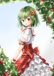Rule 34 | 1girl, adapted costume, bad id, bad pixiv id, blue sky, blurry, blurry background, bow, breasts, day, dress, flower, frills, from side, green hair, hair between eyes, hair bow, hand up, kazami yuuka, large breasts, looking at viewer, outdoors, petticoat, puffy short sleeves, puffy sleeves, red bow, red dress, red eyes, red ribbon, ribbon, shironeko yuuki, short sleeves, sky, smile, solo, sunflower, touhou, underbust, wrist ribbon