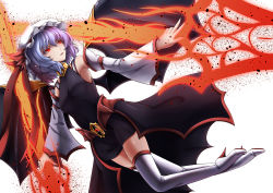 Rule 34 | 1girl, alternate costume, armpits, bare shoulders, bat wings, black thighhighs, boots, commentary, dark persona, detached sleeves, dual wielding, hat, hat ribbon, high heel boots, high heels, highres, holding, holding weapon, inyuppo, light purple hair, long sleeves, looking away, mob cap, parted lips, plantar flexion, pointy ears, polearm, red eyes, remilia scarlet, ribbon, shiny skin, skindentation, slit pupils, solo, spear, spear the gungnir, thigh boots, thighhighs, touhou, vampire, weapon, white background, white footwear, wide sleeves, wings