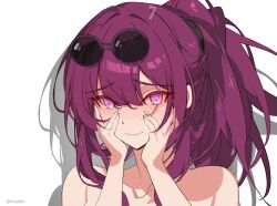 Rule 34 | 1girl, bare shoulders, blush, commentary, drop shadow, eyewear on head, highres, honkai: star rail, honkai (series), kafka (honkai: star rail), kili kilio, long hair, looking at viewer, nose blush, ponytail, portrait, purple eyes, purple hair, solo, sunglasses, white background