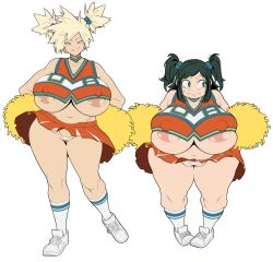 Rule 34 | 2girls, areola slip, bakugou mitsuki, bare shoulders, blonde hair, boku no hero academia, breasts, bunkwizard, cheerleader, choker, closed mouth, collarbone, covered erect nipples, fat, flat color, full body, green eyes, green hair, grin, huge breasts, large areolae, looking at viewer, looking to the side, matching hair/eyes, midoriya inko, miniskirt, multiple girls, navel, nervous, pleated skirt, pom pom (cheerleading), red eyes, shoes, short hair, short twintails, simple background, skirt, sleeveless, smile, sneakers, socks, spiked hair, standing, sweat, thick thighs, thighs, thong, twintails, underboob, white background, white legwear