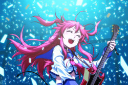 Rule 34 | 10s, 1girl, ahoge, angel beats!, belt, choker, demon tail, closed eyes, fang, female focus, guitar, instrument, long hair, open mouth, pink hair, school uniform, short twintails, slug (artist), solo, tail, twintails, two side up, yui (angel beats!)