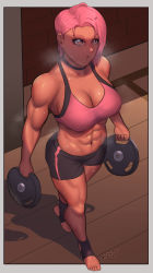 Rule 34 | 1girl, abs, absurdres, breasts, cleavage, dark-skinned female, dark skin, ear piercing, exercising, eyelashes, floor, fluffydus, from above, highres, indoors, large breasts, muscular, muscular female, original, parted lips, piercing, pink eyes, pink hair, signature, sports bra, sportswear, steam, steaming body, stomach, sweat, toeless legwear, weightlifting, weights, wooden floor, workout clothes