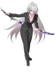 Rule 34 | 1girl, acheron (honkai: star rail), alternate costume, black suit, breasts, business suit, cleavage, commentary, english commentary, formal, full body, hair over one eye, highres, holding, holding sword, holding weapon, honkai: star rail, honkai (series), katana, long hair, looking at viewer, medium breasts, official alternate eye color, official alternate hair color, official alternate hair length, official alternate hairstyle, red eyes, serious, serpent (pepepp39), sheath, sheathed, solo, suit, sword, very long hair, weapon, white hair