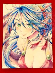 Rule 34 | 1girl, bare shoulders, blue hair, breasts, breath of fire, breath of fire ii, cleavage, closed mouth, dragon girl, dragon wings, green eyes, hair ribbon, highres, large breasts, long hair, looking at viewer, maruno, monster girl, painting (medium), patty the phantom thief, pointy ears, ponytail, ribbon, smile, solo, traditional media, upper body, watercolor (medium), wings