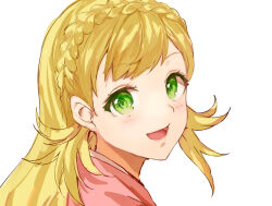 Rule 34 | 1girl, blonde hair, braid, crown braid, fire emblem, fire emblem heroes, green eyes, japanese clothes, jurge, kimono, long hair, looking at viewer, low-tied long hair, nintendo, official alternate costume, open mouth, sharena (fire emblem), sharena (new year) (fire emblem), smile, solo, white background