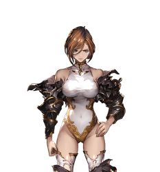 Rule 34 | 10s, 1girl, black knight (granblue fantasy), armor, bare shoulders, blue eyes, brown hair, gauntlets, granblue fantasy, hand on own hip, leotard, looking at viewer, minaba hideo, serious, short hair, solo, thighhighs, torn clothes, transparent background
