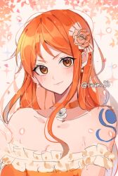Rule 34 | 1girl, bad id, bad twitter id, bare shoulders, blush, choker, commentary request, dress, earrings, eyelashes, flower, frilled dress, frills, jewelry, joman, korean commentary, leaf, long hair, looking at viewer, nami (one piece), one piece, orange choker, orange eyes, orange flower, orange hair, orange rose, rose, shoulder tattoo, sidelocks, smile, solo, star (symbol), tattoo