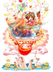 1girl ^_^ barefoot bath bikini bird brown_hair bubble closed_eyes elephant fang female_focus fingernails flower hair_flower hair_ornament highres lotus nail_art nail_polish original scenery short_hair skirt smile solo star_(symbol) sun surreal swan swimsuit water water_gun yuutaro_5