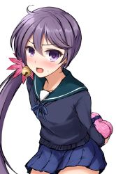 Rule 34 | 10s, 1girl, akebono (kancolle), arm behind back, bell, don (29219), flower, hair bell, hair between eyes, hair flower, hair ornament, jingle bell, kantai collection, long hair, looking at viewer, miniskirt, open mouth, purple eyes, purple hair, school uniform, side ponytail, skirt, solo, sweater, tsundere, valentine, very long hair