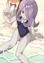 Rule 34 | 2girls, beach, black one-piece swimsuit, breasts, covered navel, eyeshadow, feet out of frame, food, hair over one eye, highres, kagari atsuko, little witch academia, long hair, makeup, melting, multiple girls, one-piece swimsuit, open mouth, pale skin, popopo, popsicle, purple hair, red eyes, sharp teeth, sitting, solo focus, sucy manbavaran, swimsuit, teeth