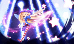 Rule 34 | 1girl, american flag dress, american flag legwear, american flag shirt, beam, blonde hair, breasts, clownpiece, danmaku, dress, fairy wings, fang, full body, gradient background, hat, jester cap, leg up, long hair, looking away, looking down, looking to the side, narrow waist, open mouth, outstretched arm, outstretched arms, pantyhose, print pantyhose, red eyes, short dress, short sleeves, smile, solo, space, sparkle, star (symbol), striped, thighs, touhou, very long hair, wand, wings, z.o.b