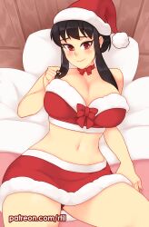 Rule 34 | 1girl, absurdres, artist name, bare arms, bare shoulders, black hair, bow, bowtie, breasts, cleavage, commentary, english commentary, fur trim, twirling hair, hat, highres, large breasts, looking at viewer, midriff, navel, on bed, patreon username, pillow, pom pom (clothes), red bow, red bowtie, red eyes, rtil, santa hat, sidelocks, smile, solo, spy x family, yor briar
