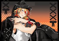 Rule 34 | 1boy, animal hat, axel syrios, axel syrios (2nd costume), axelotl (axel syrios), axolotl, black border, black choker, blonde hair, blue eyes, blush, border, choker, commentary, crossed arms, earrings, english commentary, fang, hat, highres, hiimtae sb, holostars, holostars english, jacket, jacket on shoulders, jewelry, knees up, looking at viewer, male focus, multicolored hair, nail polish, one eye closed, open clothes, open jacket, outline, red hair, red nails, short hair, sitting, smile, solo, two-tone hair, v, virtual youtuber, white outline