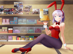Rule 34 | 10s, 1girl, animal ears, bag of chips, bare shoulders, blue eyes, blurry, bow, bowtie, comic, dagashi kashi, detached collar, eyebrows, fake animal ears, food, glass, high heels, holding, holding tray, indoors, kneepits, knees up, leotard, looking at viewer, package, pantyhose, pigeon-toed, playboy bunny, poster (object), purple hair, purple pantyhose, rabbit ears, red bow, red bowtie, red footwear, shelf, shidare hotaru, shoes, shop, short hair, skin tight, smile, solo, sweets, taka (takahirokun), toy, transparent, tray, tsurime, wrist cuffs