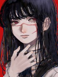 Rule 34 | 1girl, @ @, black hair, bonjindaaa, chainsaw man, dress, facial scar, highres, long hair, looking to the side, pinafore dress, red background, red eyes, ringed eyes, scar, scar on cheek, scar on face, sleeveless dress, solo, yoru (chainsaw man)