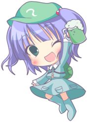 Rule 34 | 1girl, alcohol, beer, blue hair, chibi, female focus, green eyes, hair bobbles, hair ornament, hat, kawashiro nitori, key, lowres, midriff, smile, solo, touhou, twintails, two side up