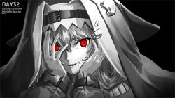 Rule 34 | 1girl, arknights, black background, habit, hands on own cheeks, hands on own face, highres, long hair, long sleeves, looking at viewer, makkuro, monochrome, nun, parted lips, red eyes, simple background, solo, specter (arknights), spot color