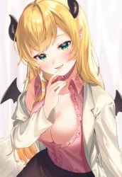 Rule 34 | 1girl, blonde hair, blush, breasts, center frills, collared shirt, commentary request, demon girl, demon horns, demon wings, finger to mouth, frills, green eyes, hand up, highres, hiyorou, hololive, horns, lab coat, large breasts, lips, long hair, long sleeves, looking at viewer, off shoulder, parted lips, pink shirt, shirt, sleeveless, sleeveless shirt, smile, solo, very long hair, virtual youtuber, wings, yuzuki choco, yuzuki choco (1st costume)